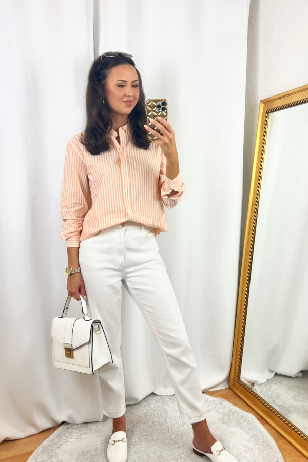 Orange Shirt Outfit with White Jeans