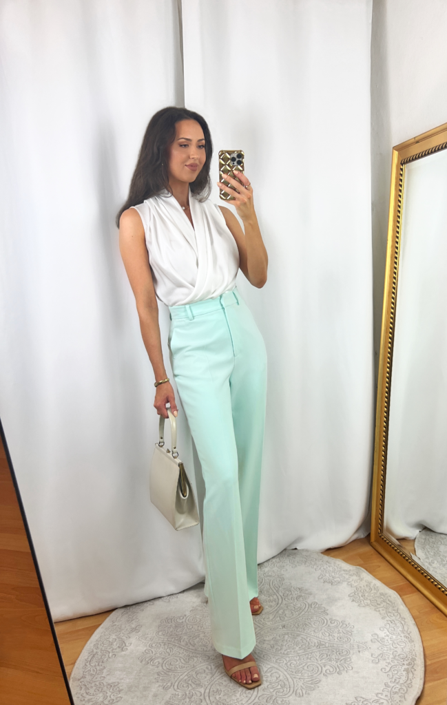 Turquoise Pants Outfit with White Sleeveless Blouse