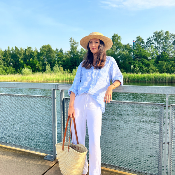 White Linen Pants Outfit with Blue Linen Shirt