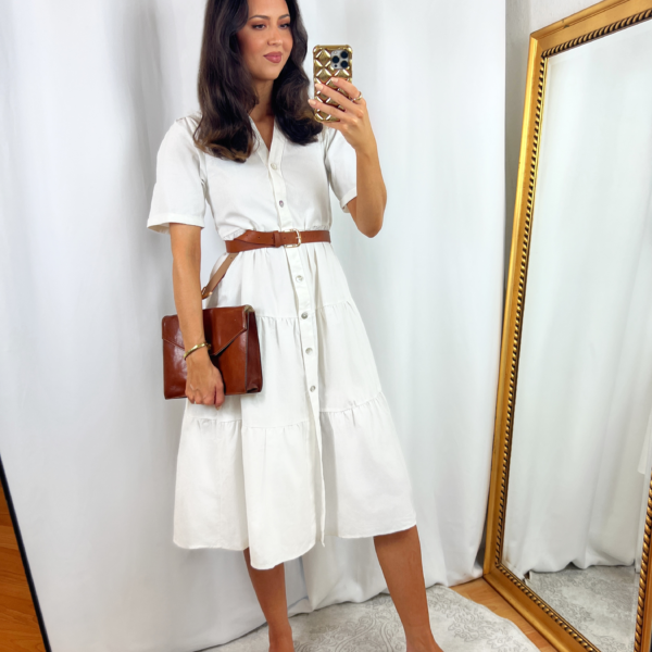 White Short Sleeve Dress Outfit with Ruffle Hem