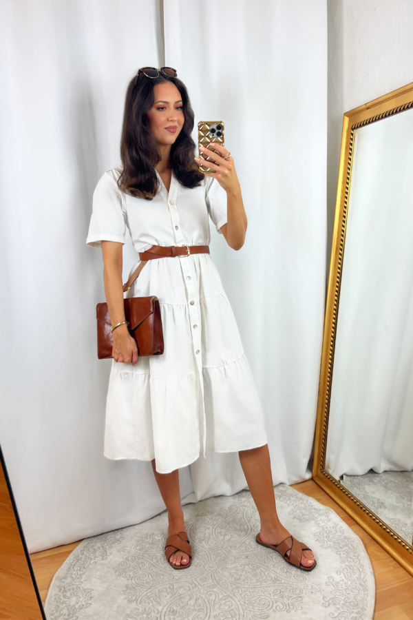 White Short Sleeve Dress Outfit with Ruffle Hem