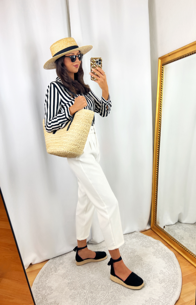 Black and White Striped Blouse Outfit with White Pants