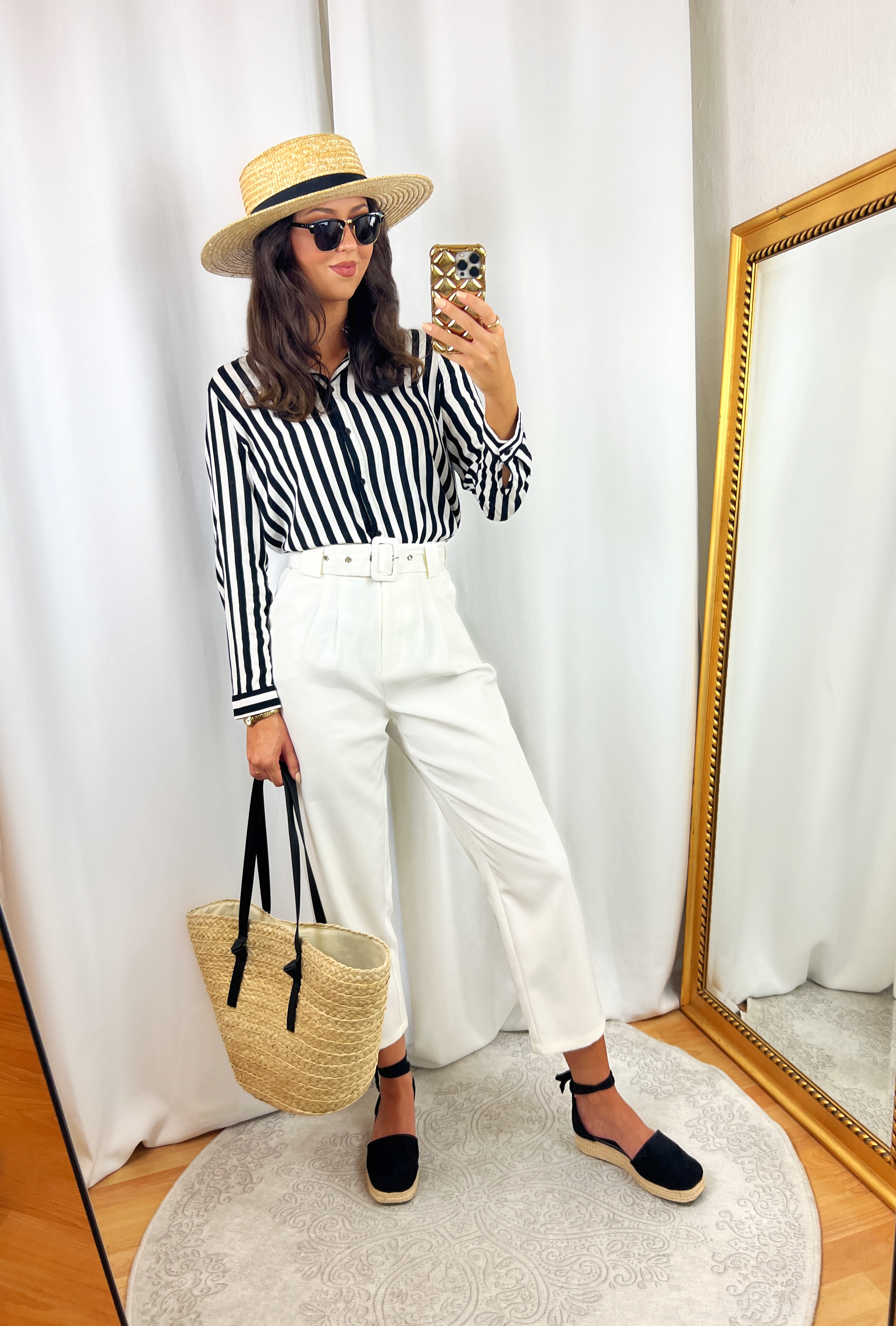 Black and White Striped Blouse Outfit with White Pants