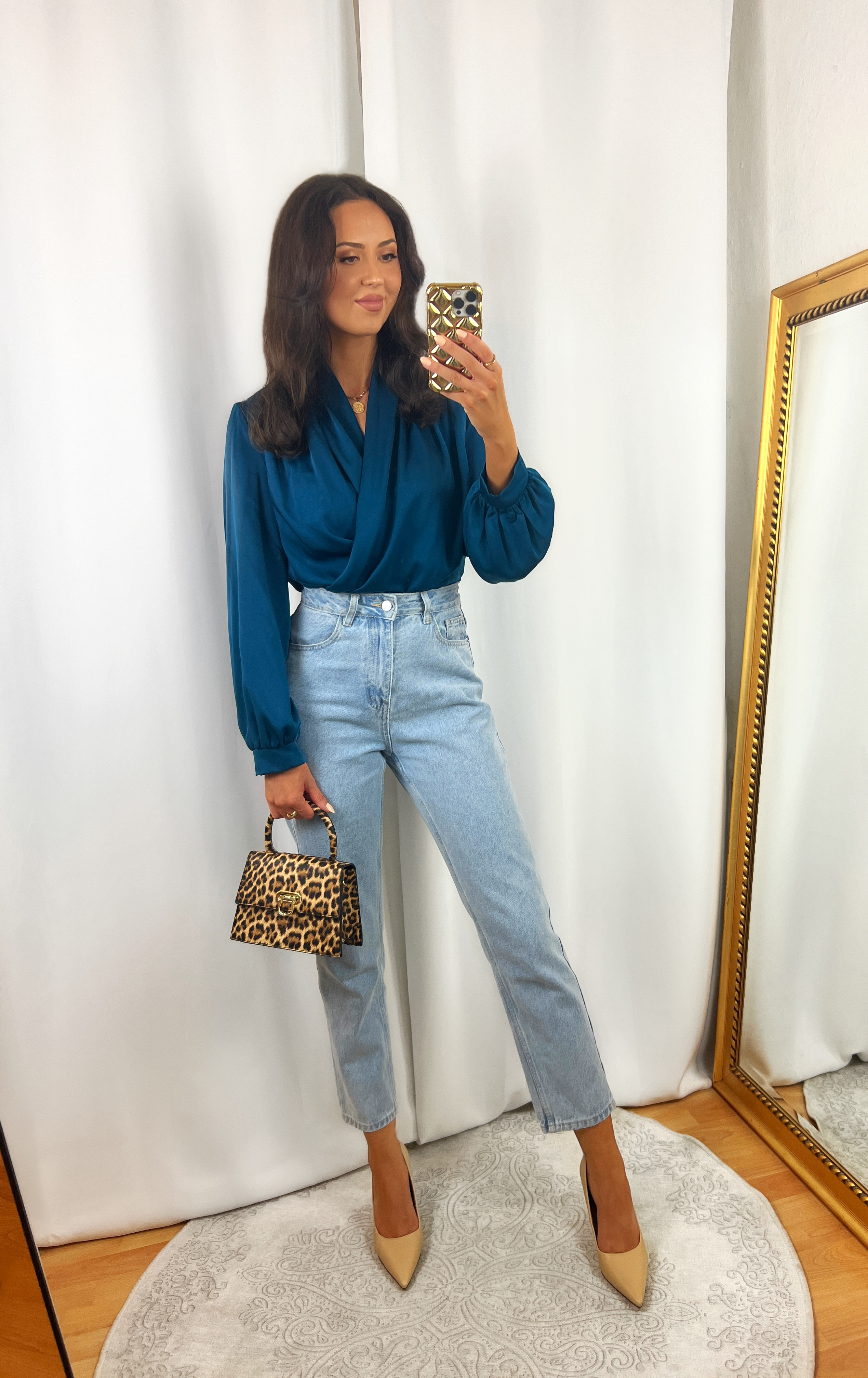 Blue Blouse Outfit with Mom Jeans