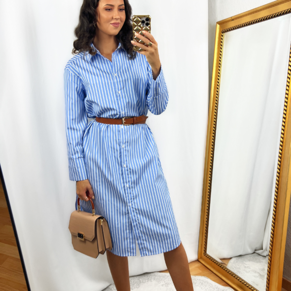 Blue Shirt Dress Outfit with Brown Belt and Sandals