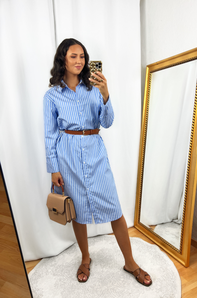 Blue Shirt Dress Outfit with Brown Belt and Sandals – IN AN ELEGANT FASHION