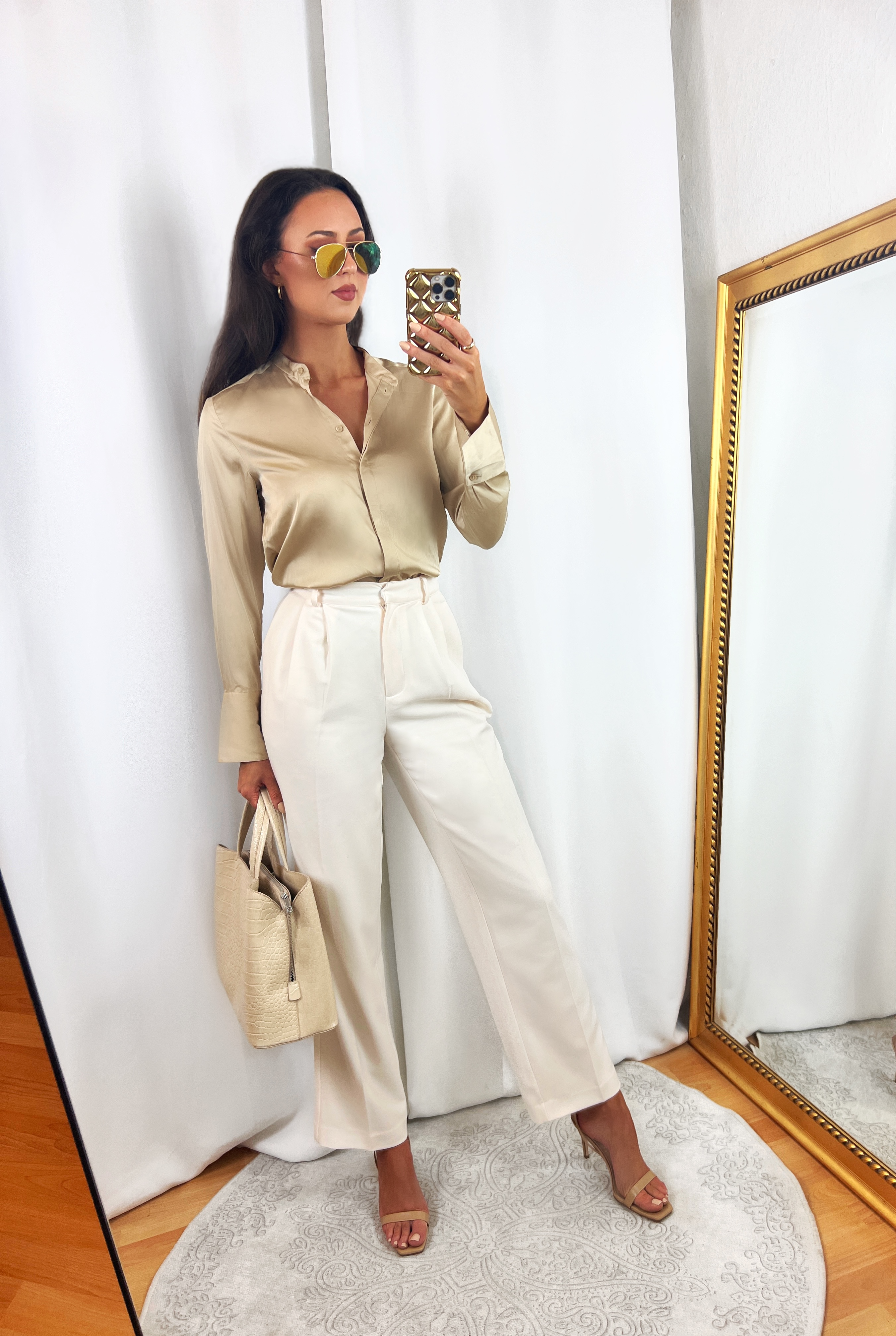 Champagne Beige Blouse Outfit with Cream Pants