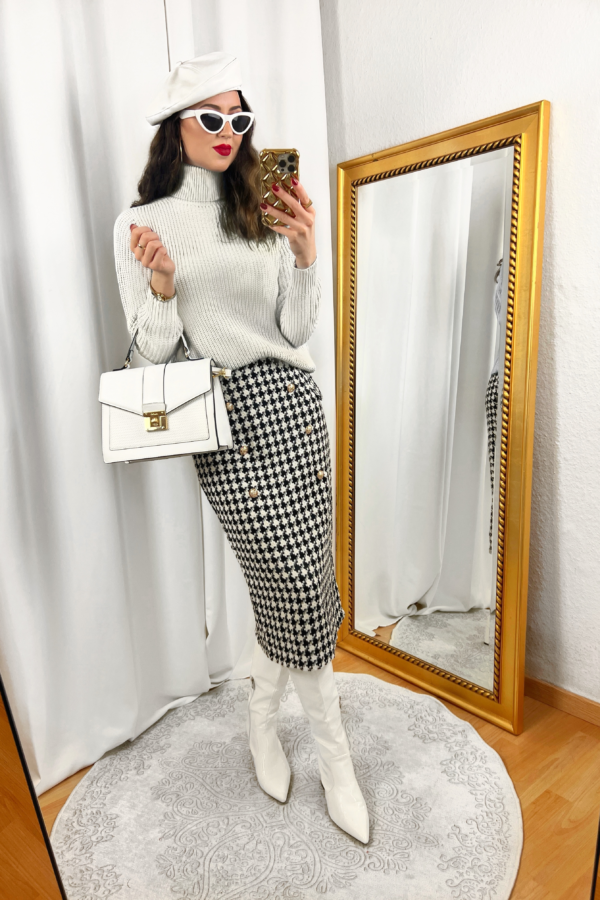 Houndstooth Skirt Outfit with White Sweater and White Boots