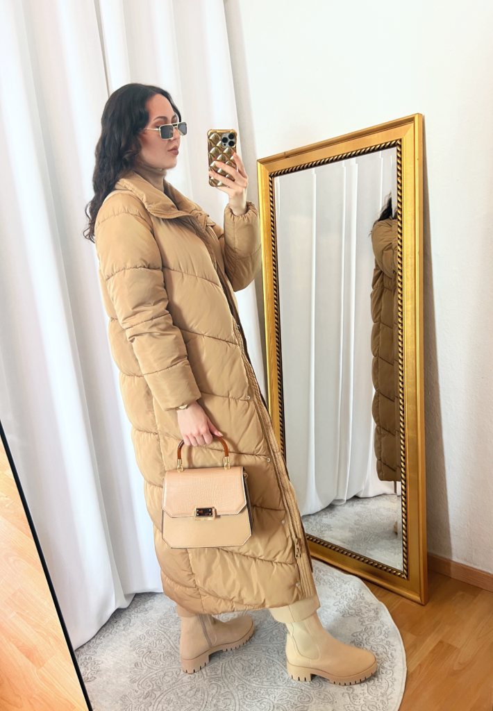 Long Camel Puffer Coat Outfit