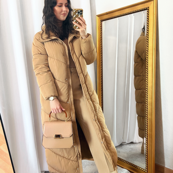 Long Camel Puffer Coat Outfit