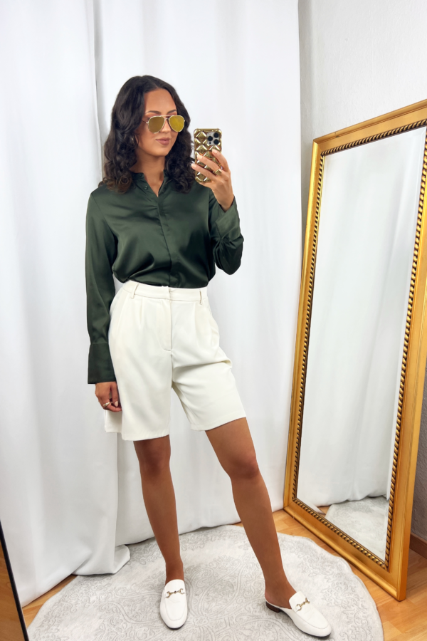 Olive Green Blouse Outfit with White Shorts