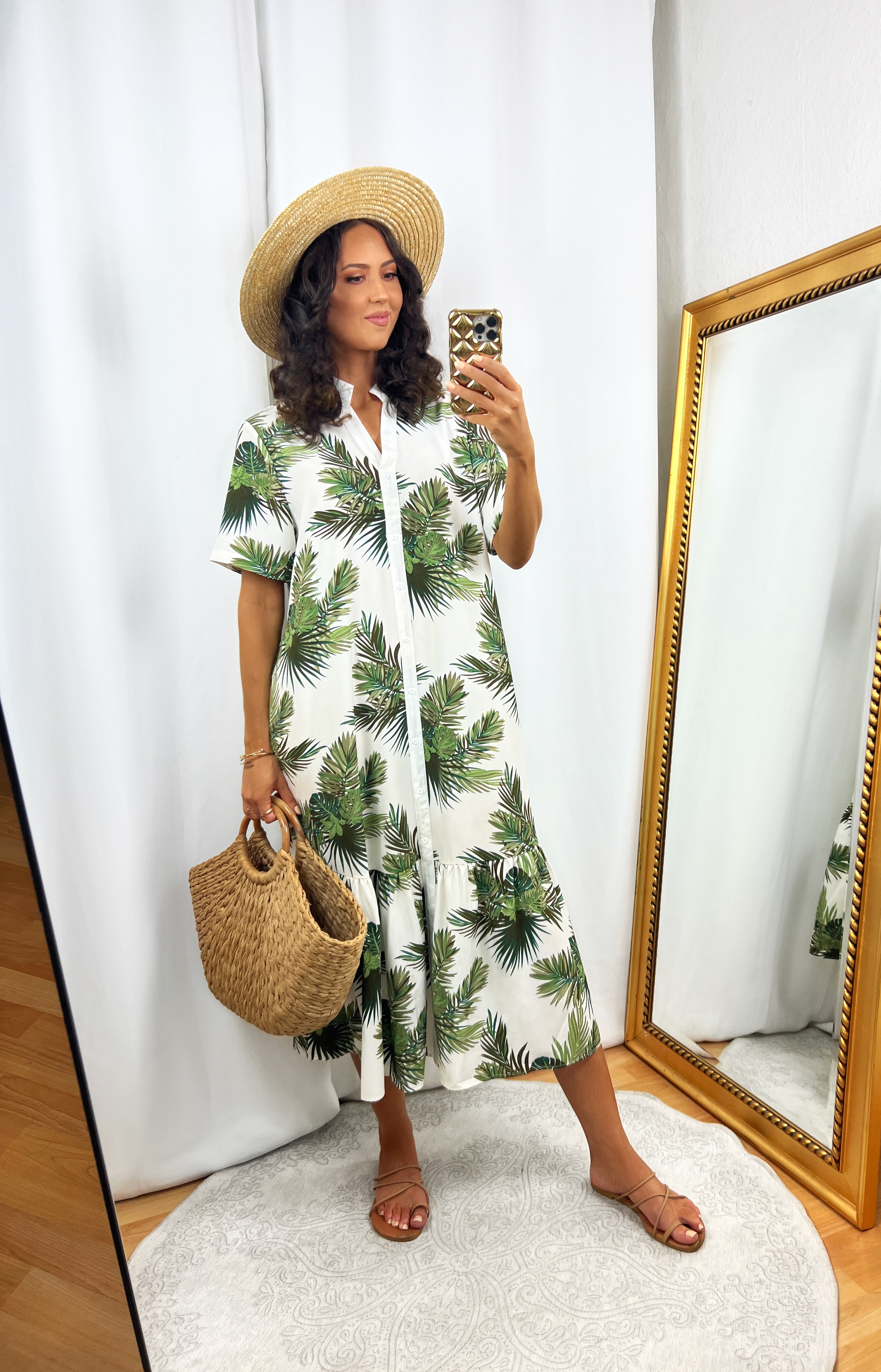 Tropical Dress Outfit with Green Palm Leaves