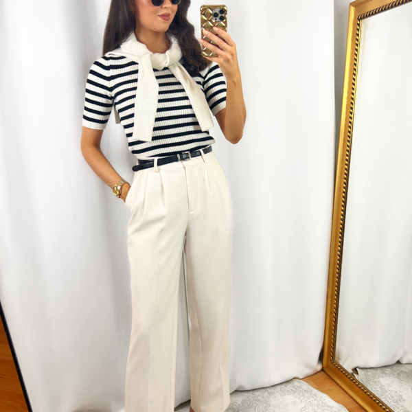 White Striped Shirt Outfit with Short Sleeves
