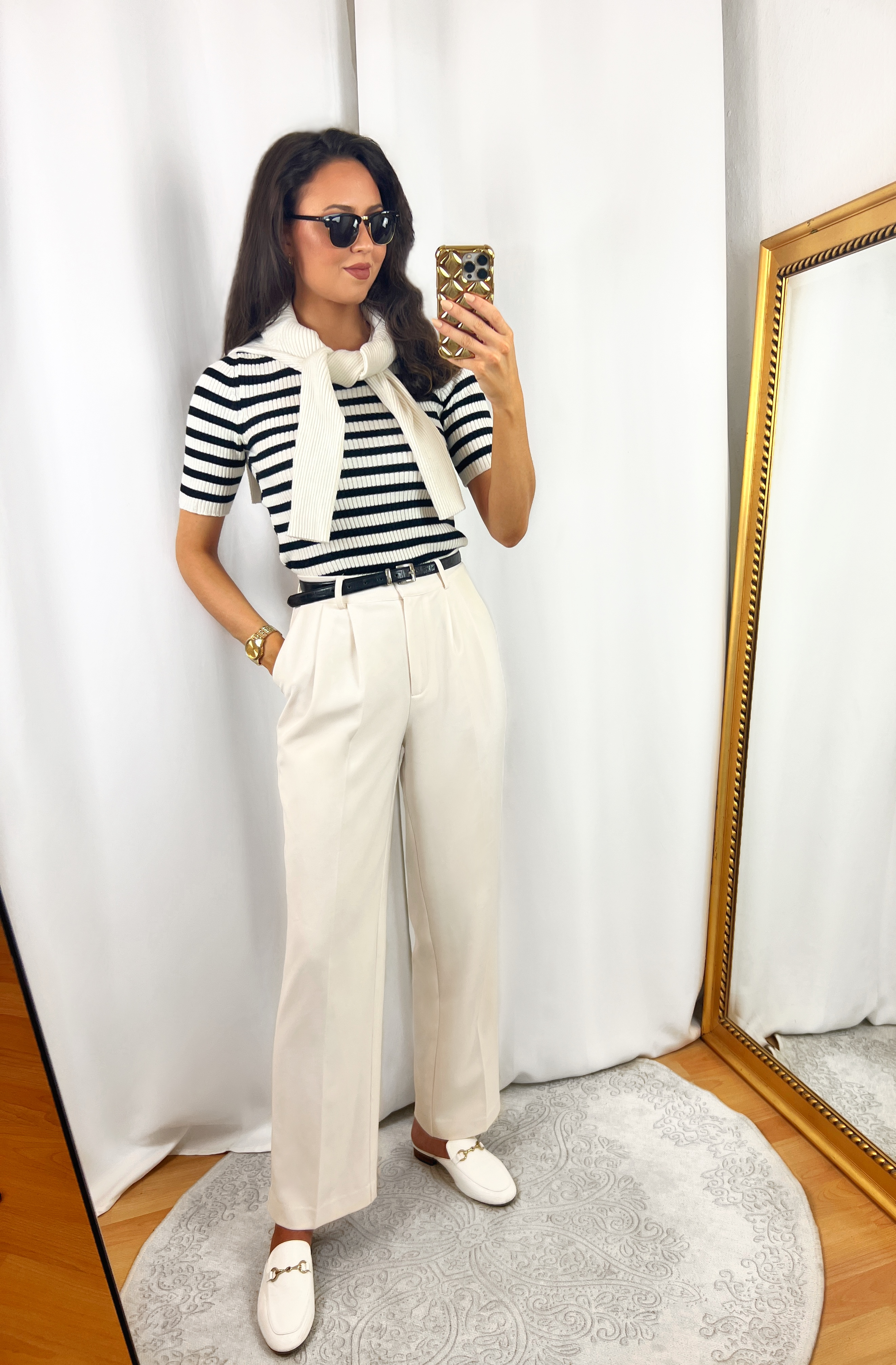 White Striped Shirt Outfit with Short Sleeves