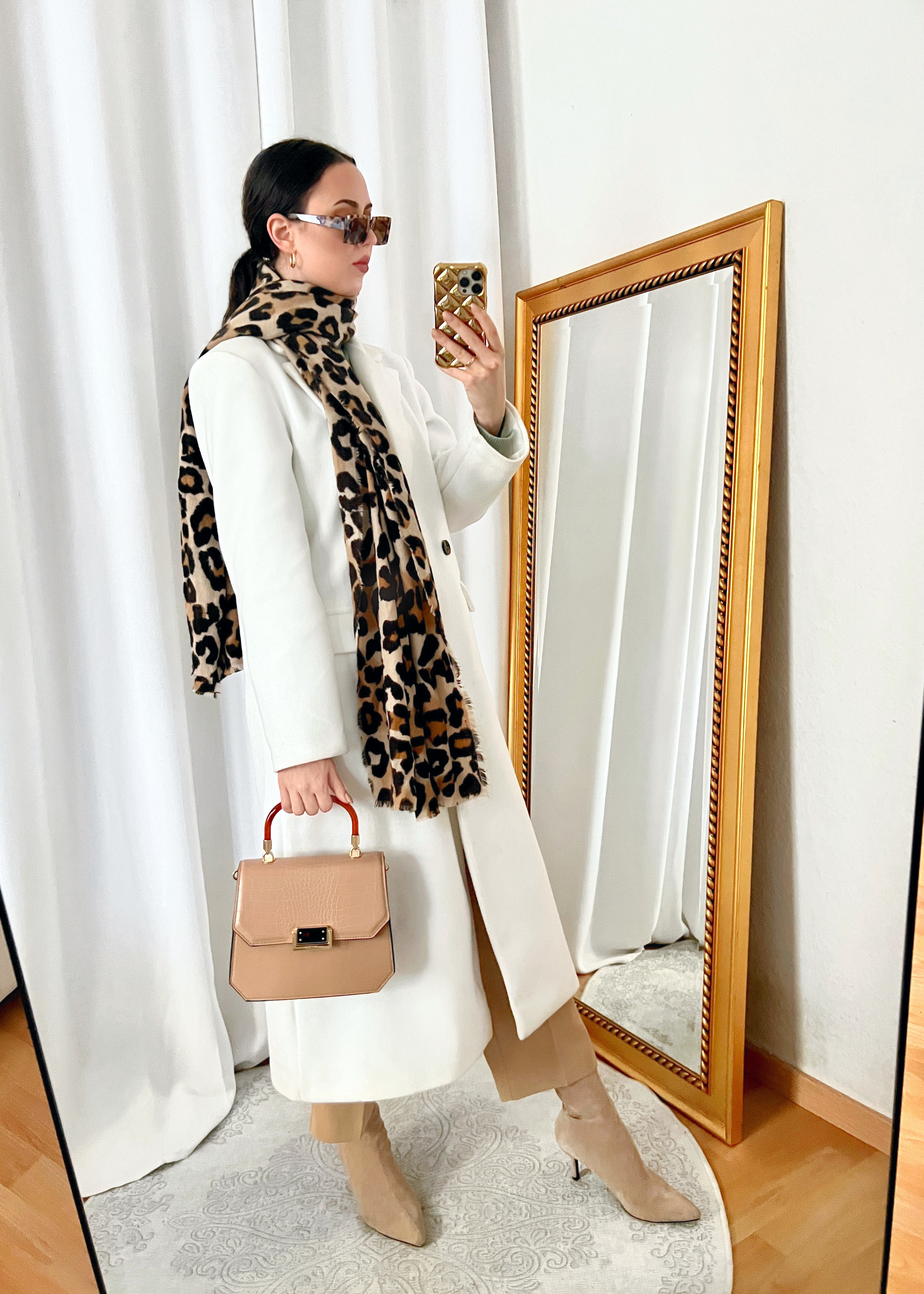 White Wool Coat Outfit with Leopard Scarf