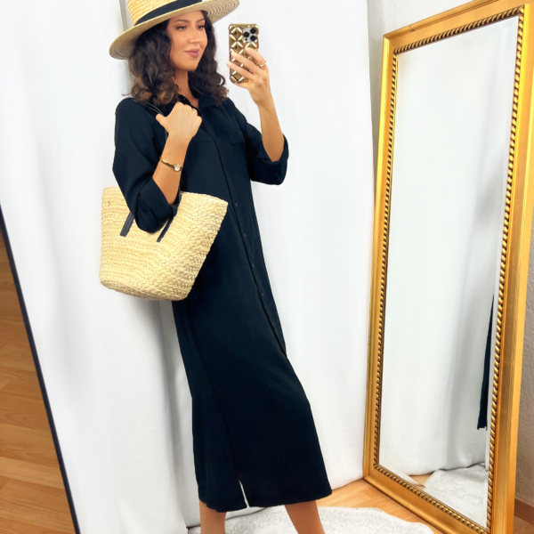 Black Shirt Dress Outfit with Straw Hat