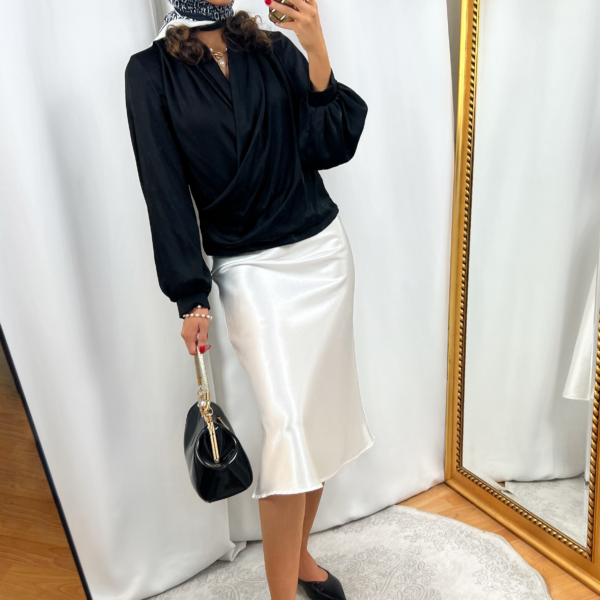 Black Wrap Blouse Outfit with White Slip Skirt