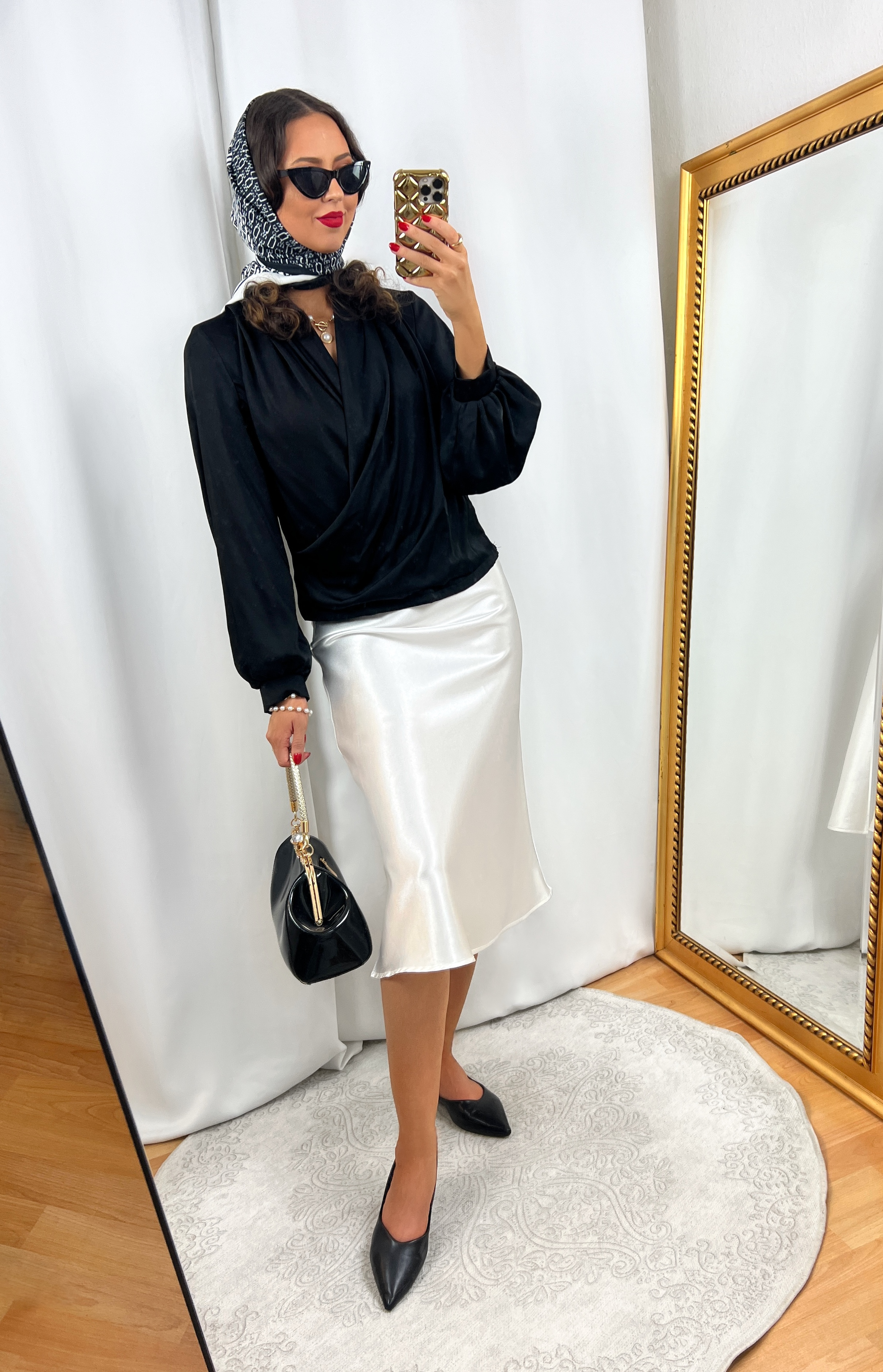 Black Wrap Blouse Outfit with White Slip Skirt