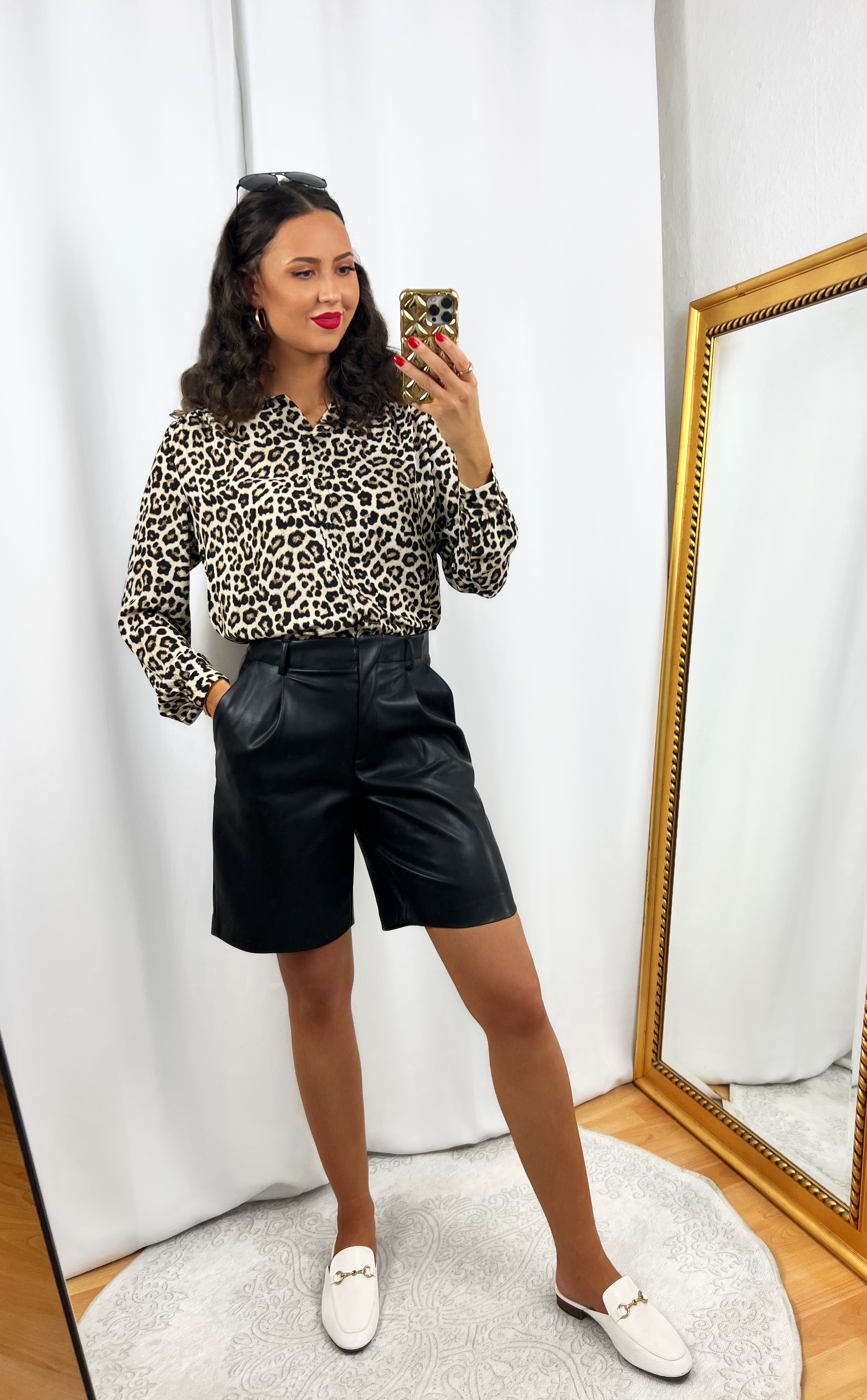 Leopard Blouse Outfit with Black Leather Shorts