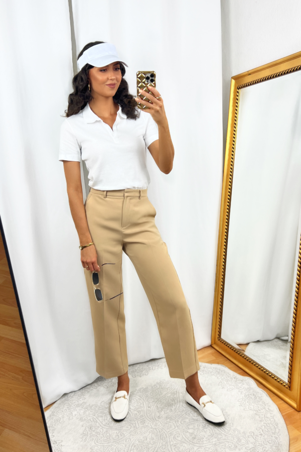 White Polo Shirt Outfit with Beige Pants
