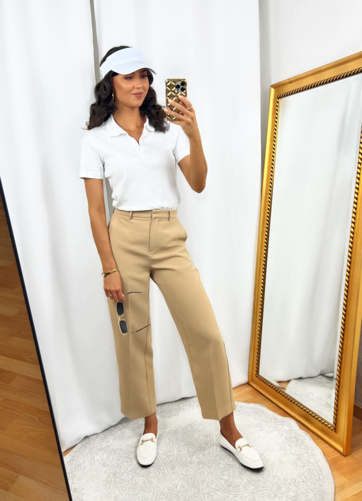 White Polo Shirt Outfit with Beige Pants