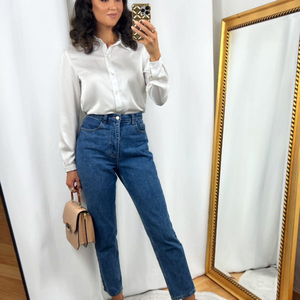 White Satin Shirt Outfit with Mom Jeans