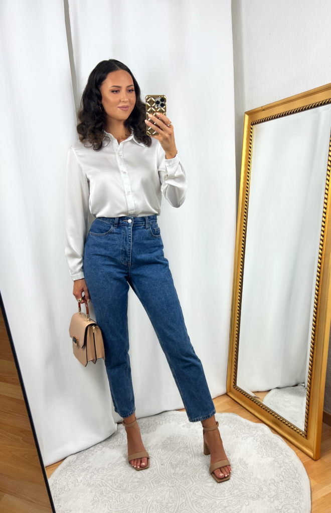 White Satin Shirt Outfit with Mom Jeans – IN AN ELEGANT FASHION
