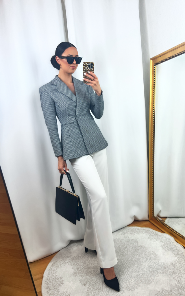 Houndstooth Blazer Outfit with White Pants – IN AN ELEGANT FASHION