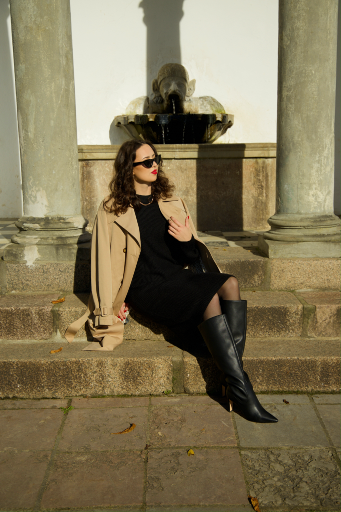 Beige Trench Coat Outfit with Black Knee Boots