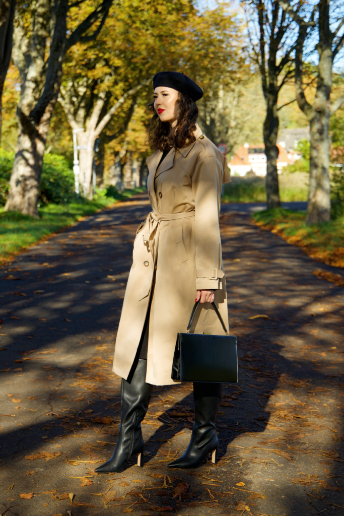 Beige Trench Coat Outfit with Black Knee Boots – IN AN ELEGANT FASHION