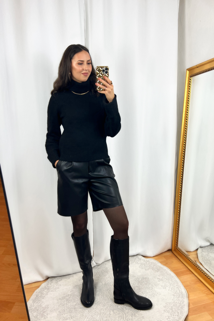 Black Leather Shorts Outfit with Black Sweater