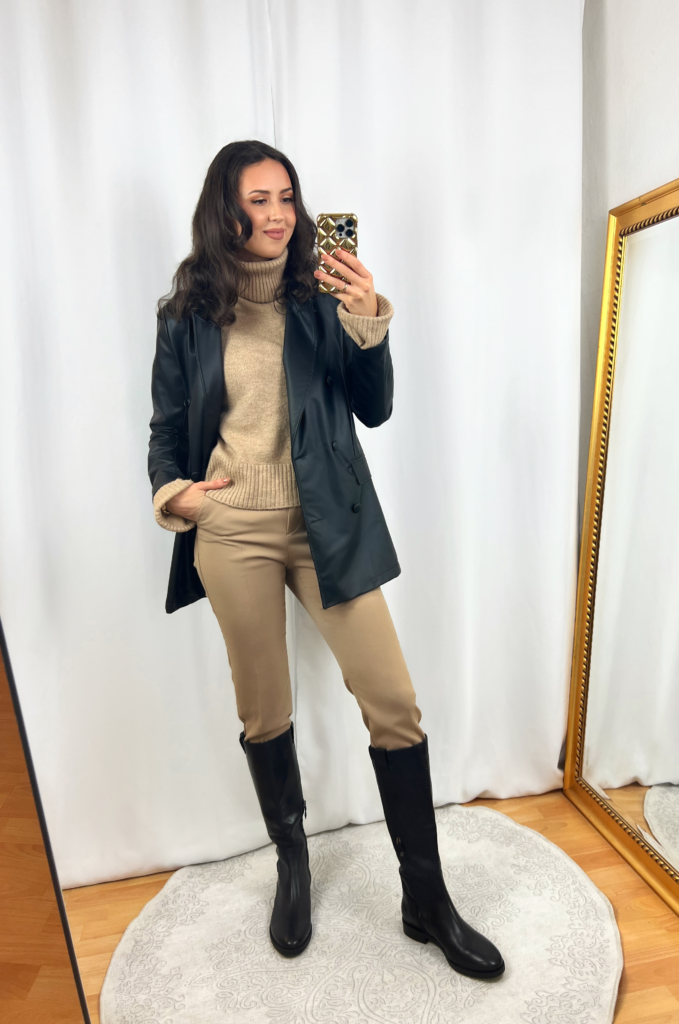 Black Riding Boots Outfit with Black Leather Blazer