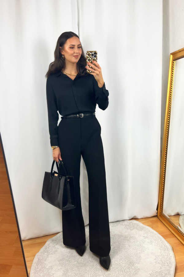 Black Wide Pants Outfit with Black Blouse