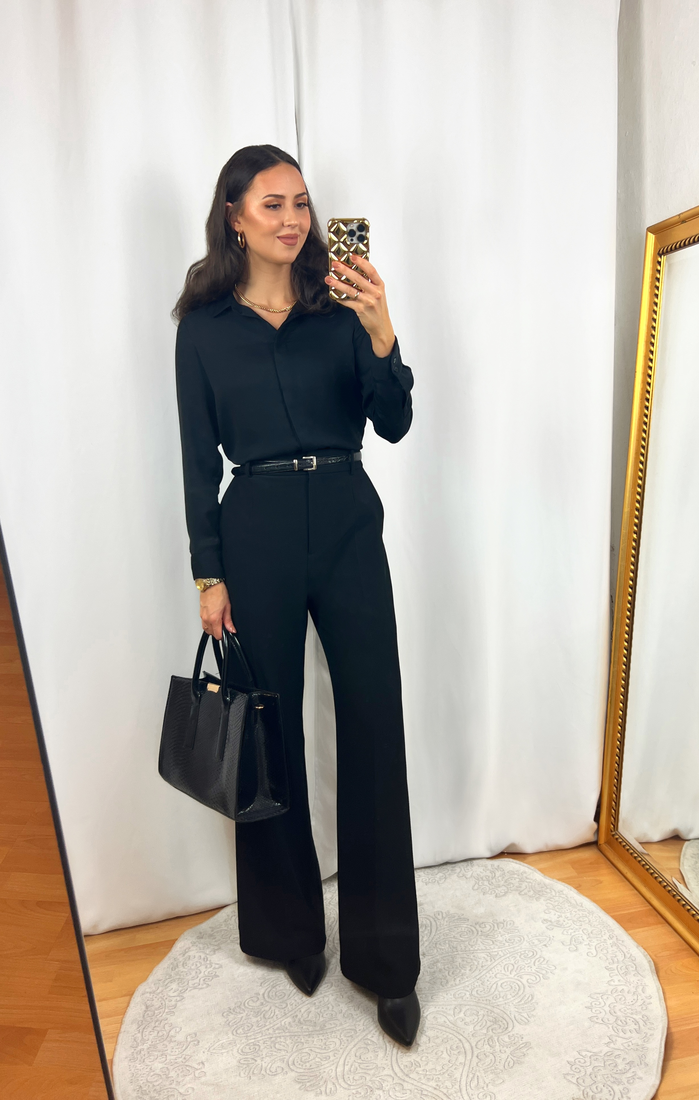 Black Wide Pants Outfit with Black Blouse