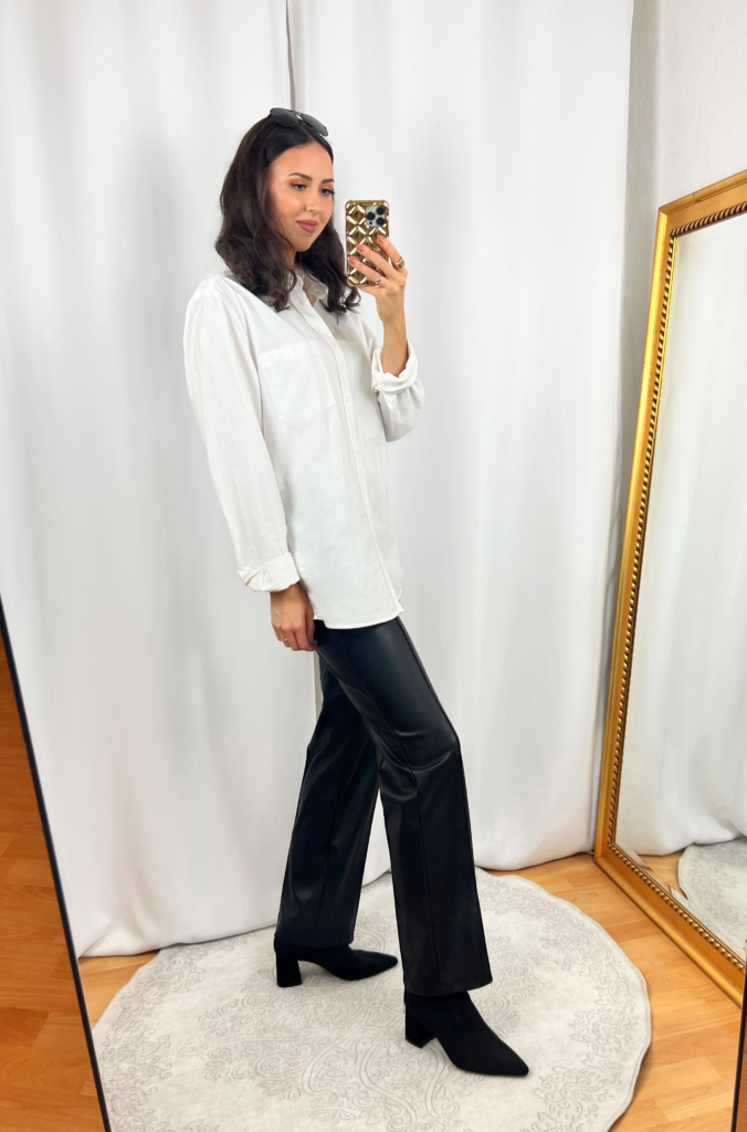White Shirt and Leather Pants Outfit