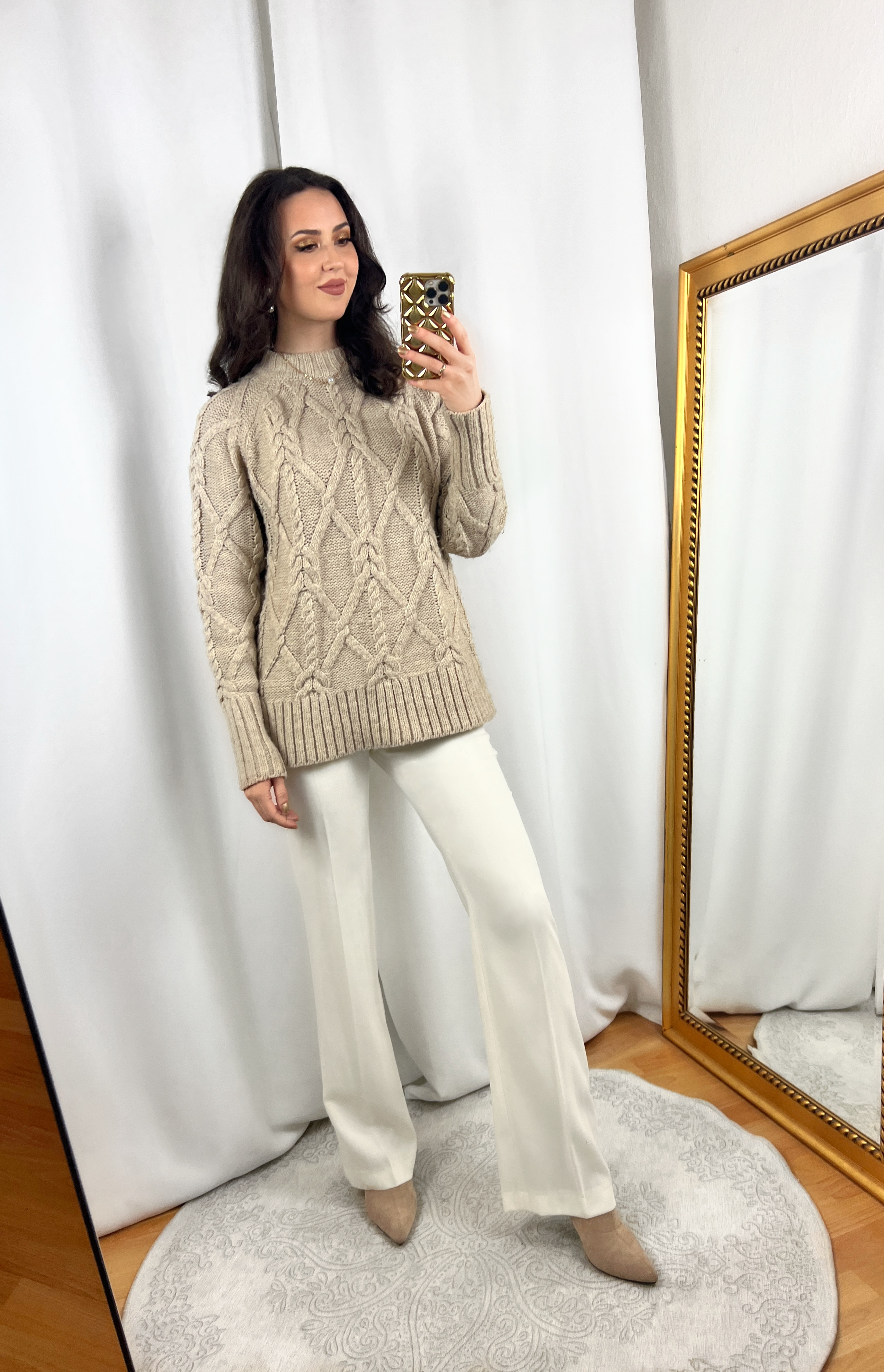 Beige Cable Knit Sweater Outfit