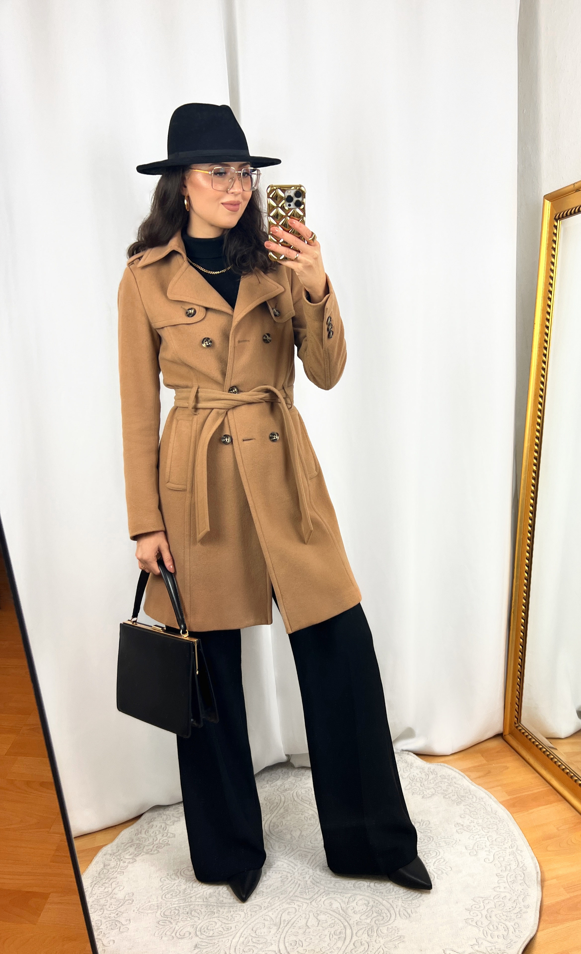 Camel Coat Outfit with Black Brim Hat