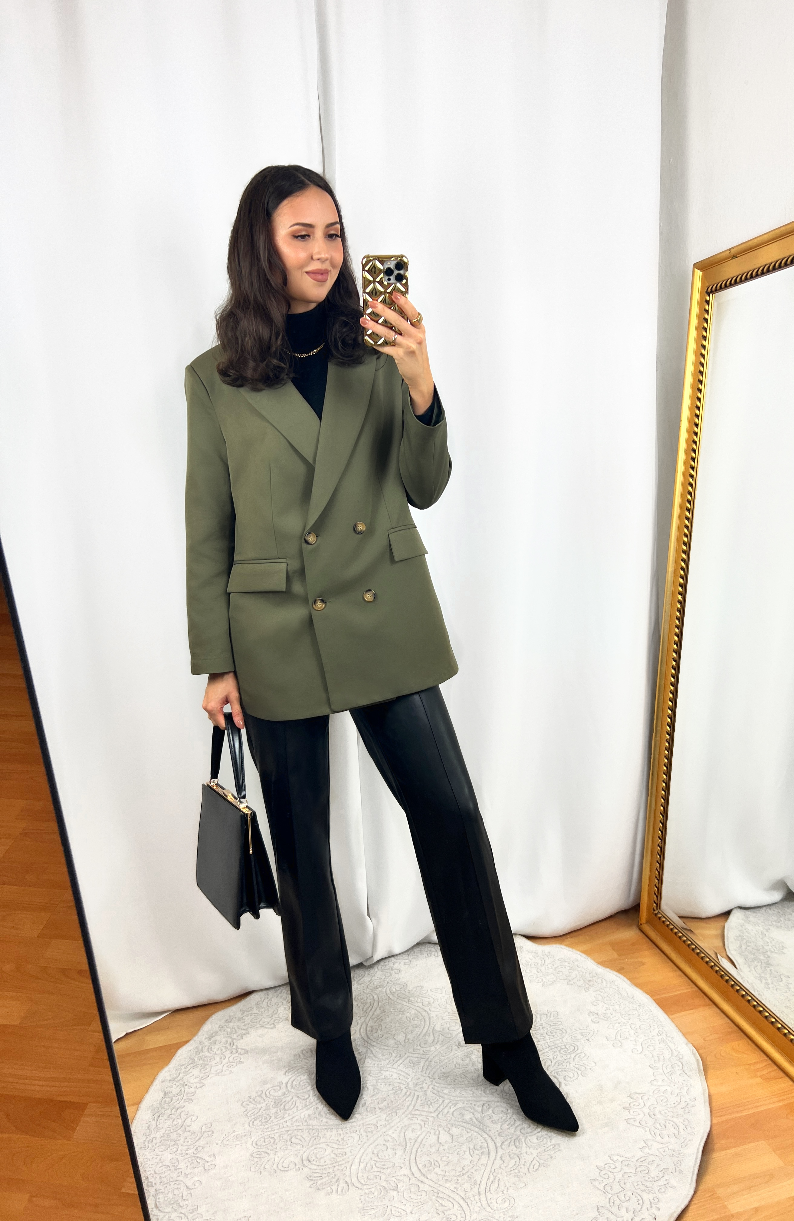 Olive Green Blazer Outfit with Black Leather Pants