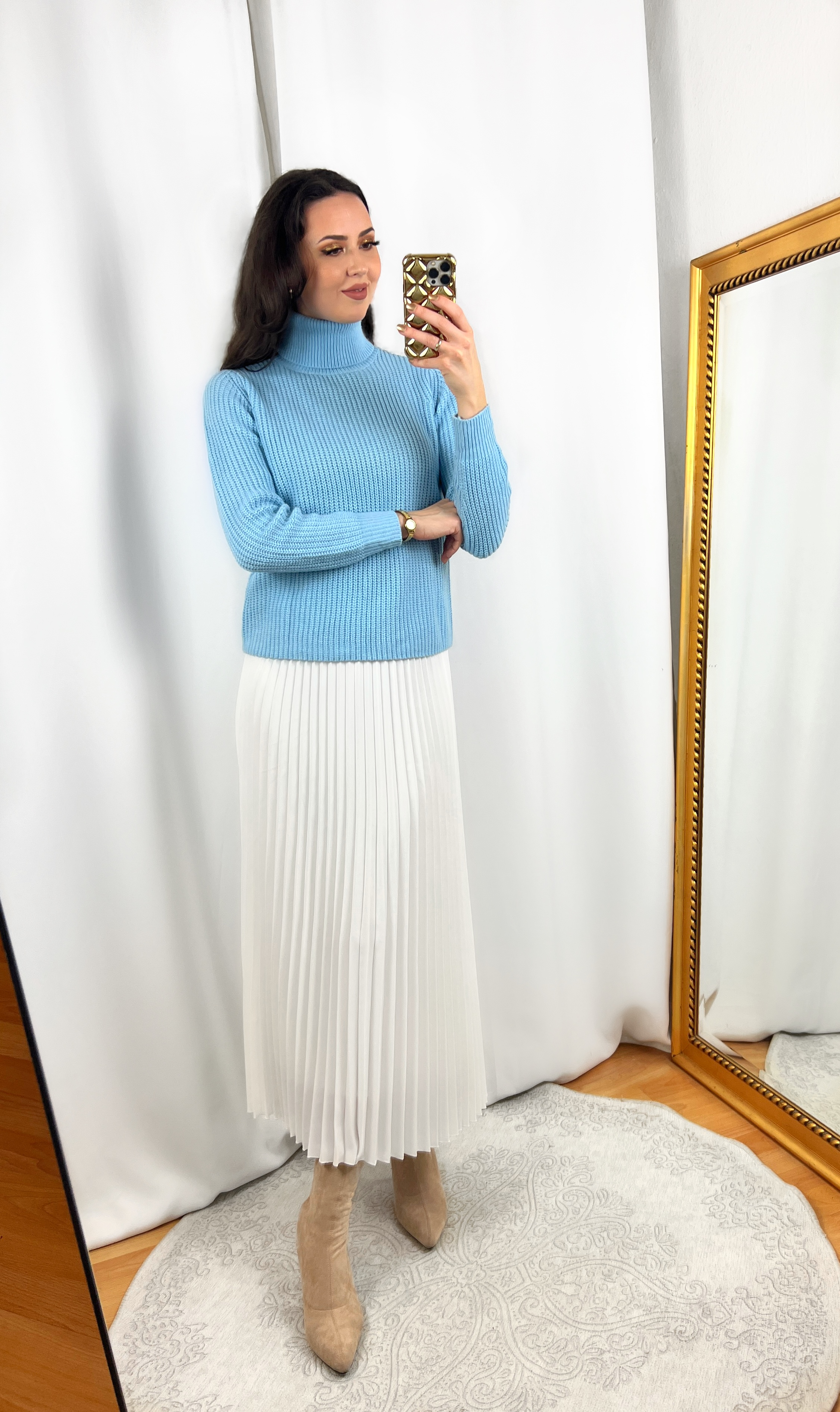 Light Blue Sweater Outfit (with White Pleated Skirt)