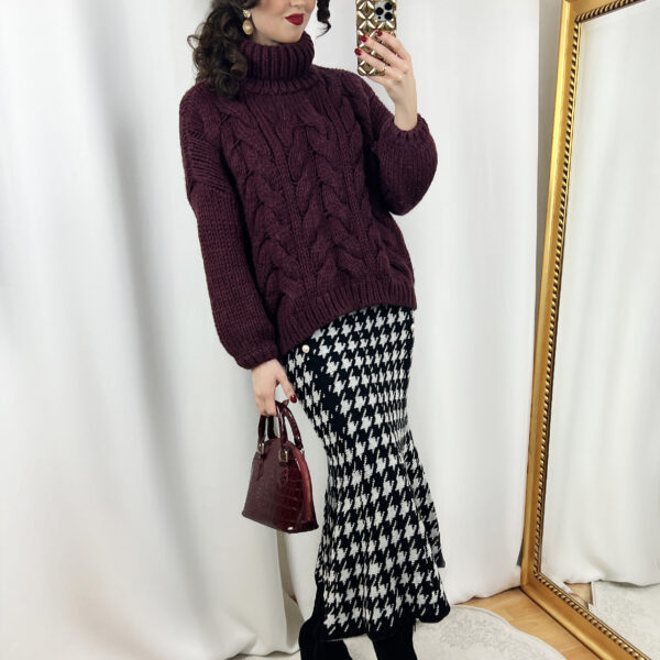 Burgundy Red Sweater Outfit with Houndstooth Skirt