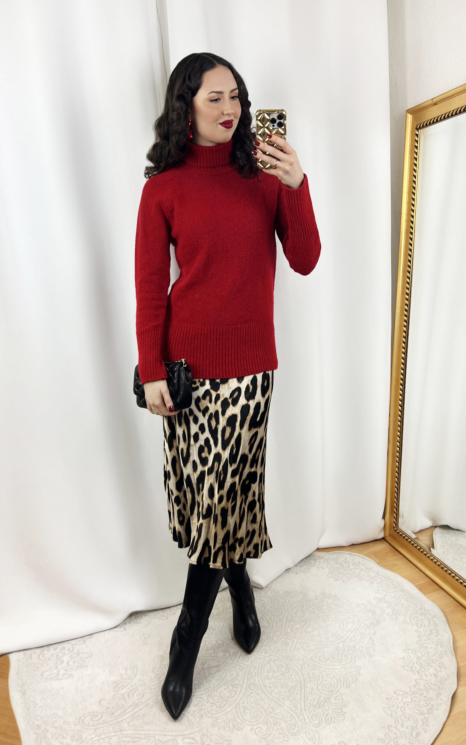 Leopard Skirt Outfit with Red Sweater