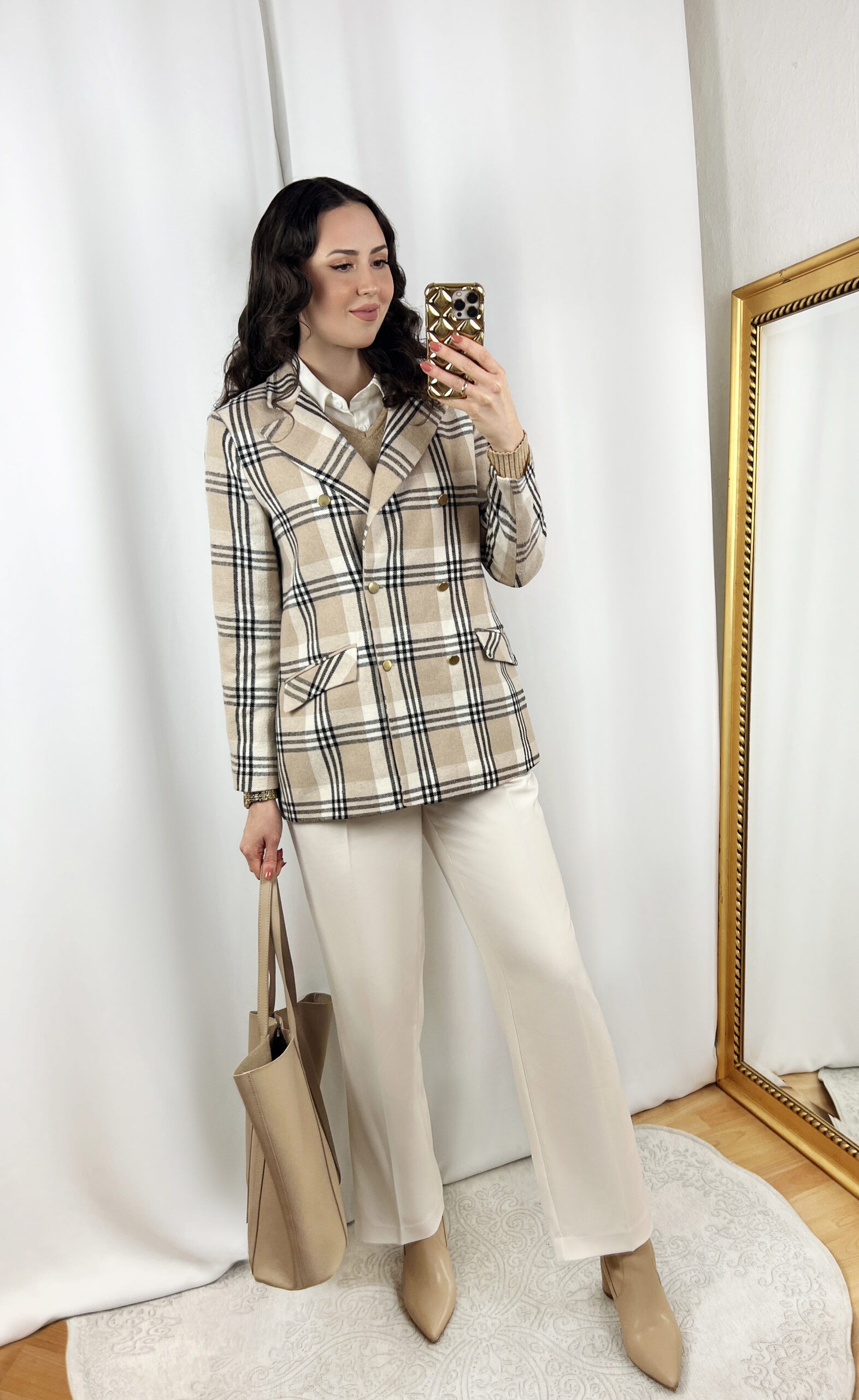 Beige Plaid Blazer Outfit with Cream Pants
