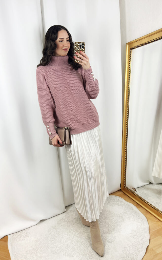 Dusty Pink Sweater Outfit with White Pleated Skirt
