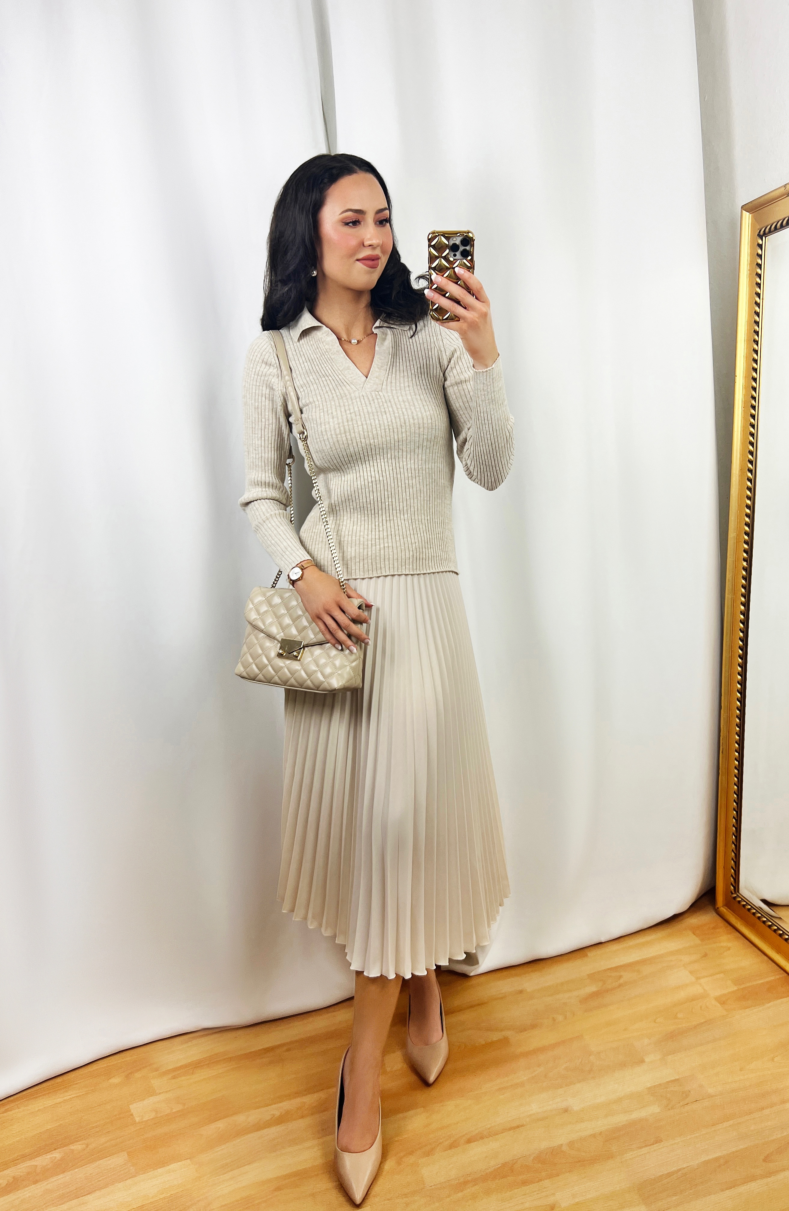 Beige Pleated Skirt Outfit