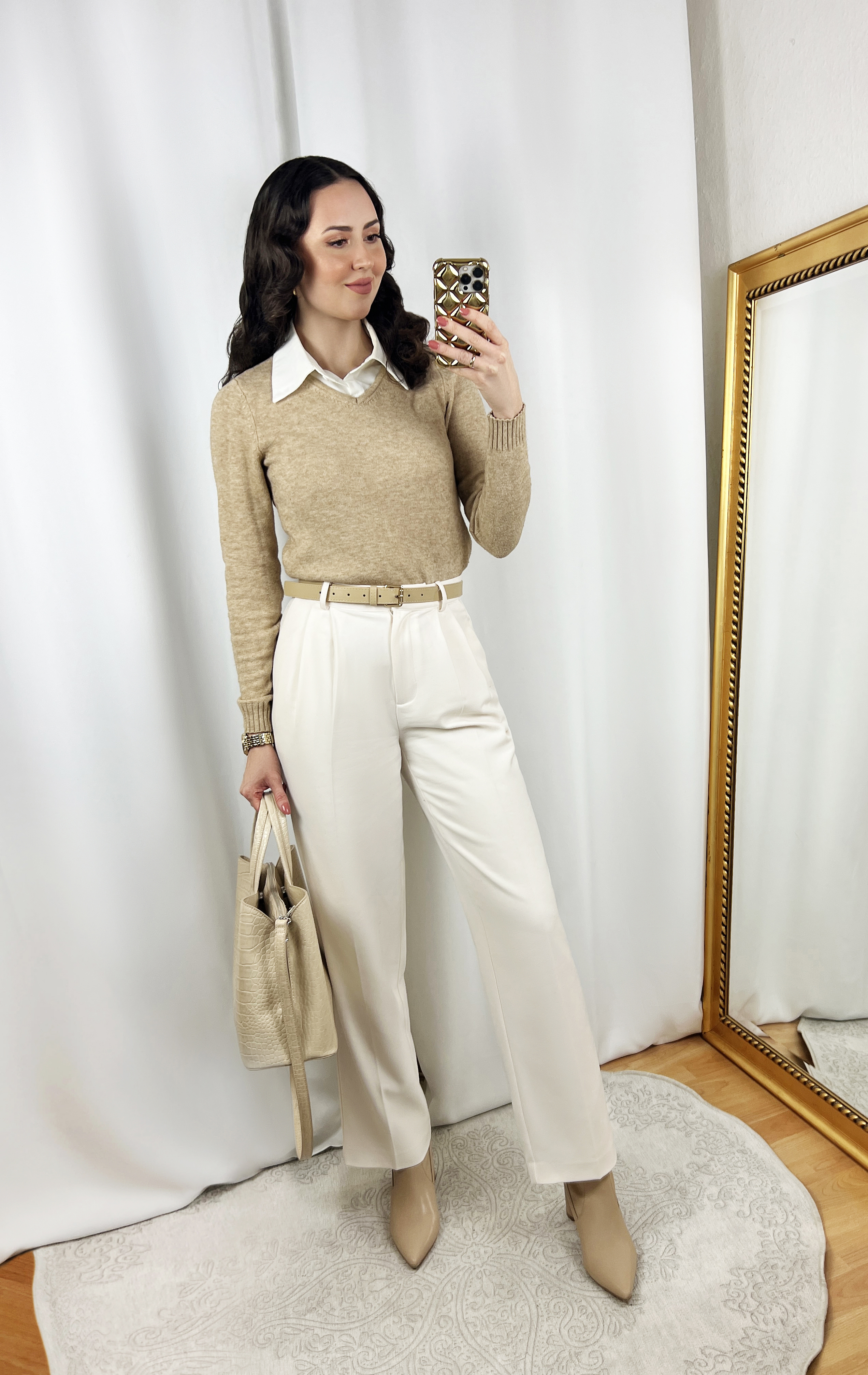 Beige Sweater with White Collar Outfit