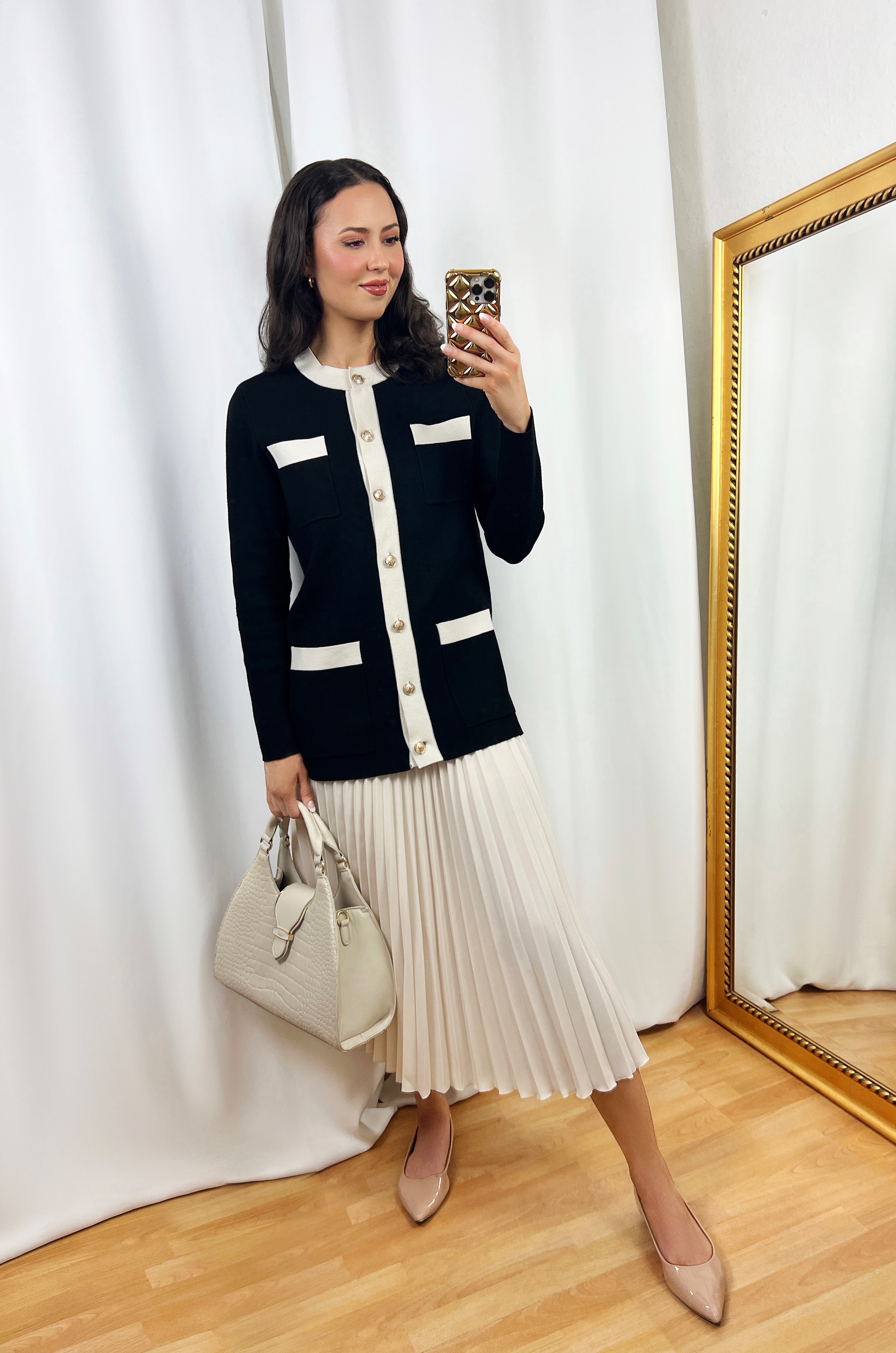 Black Trim Cardigan Outfit (with Pleated Skirt)