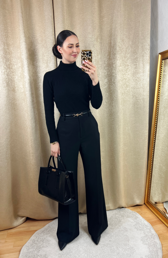 Black Wide Pants Outfit with Black Turtleneck