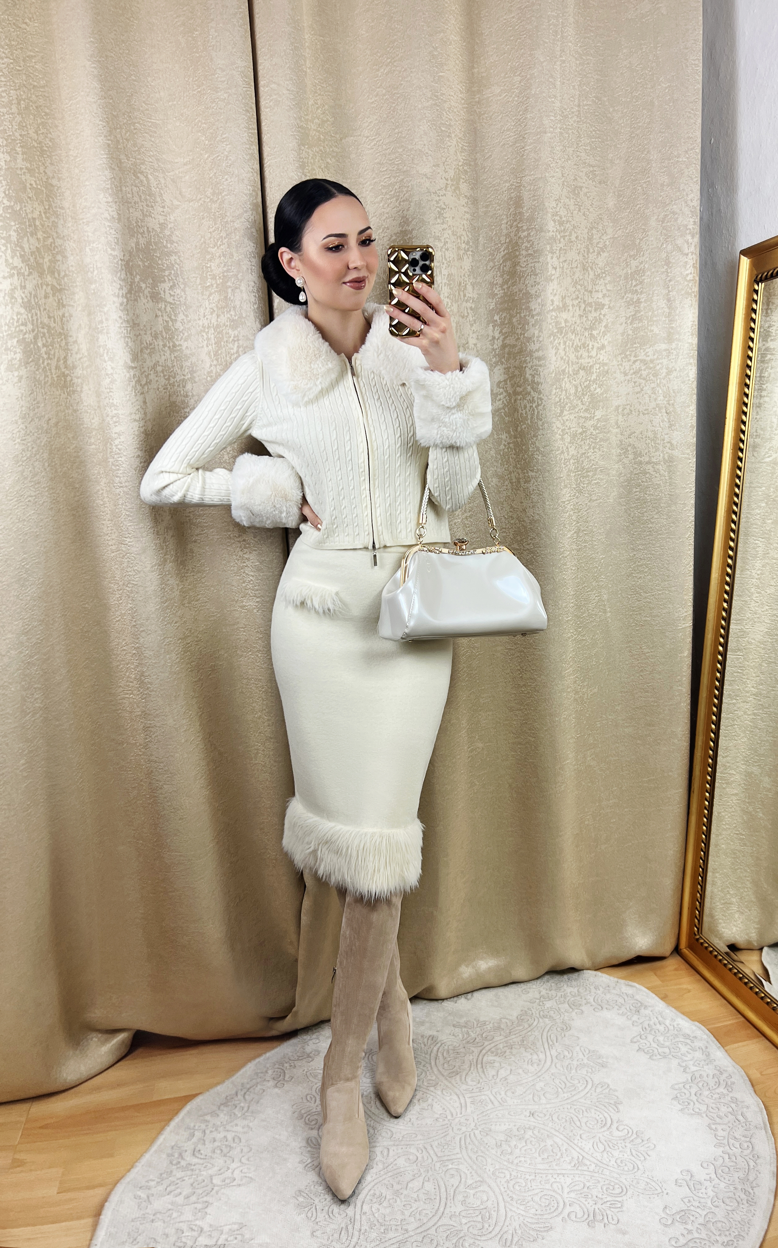 Cream Fur Top and Skirt Outfit