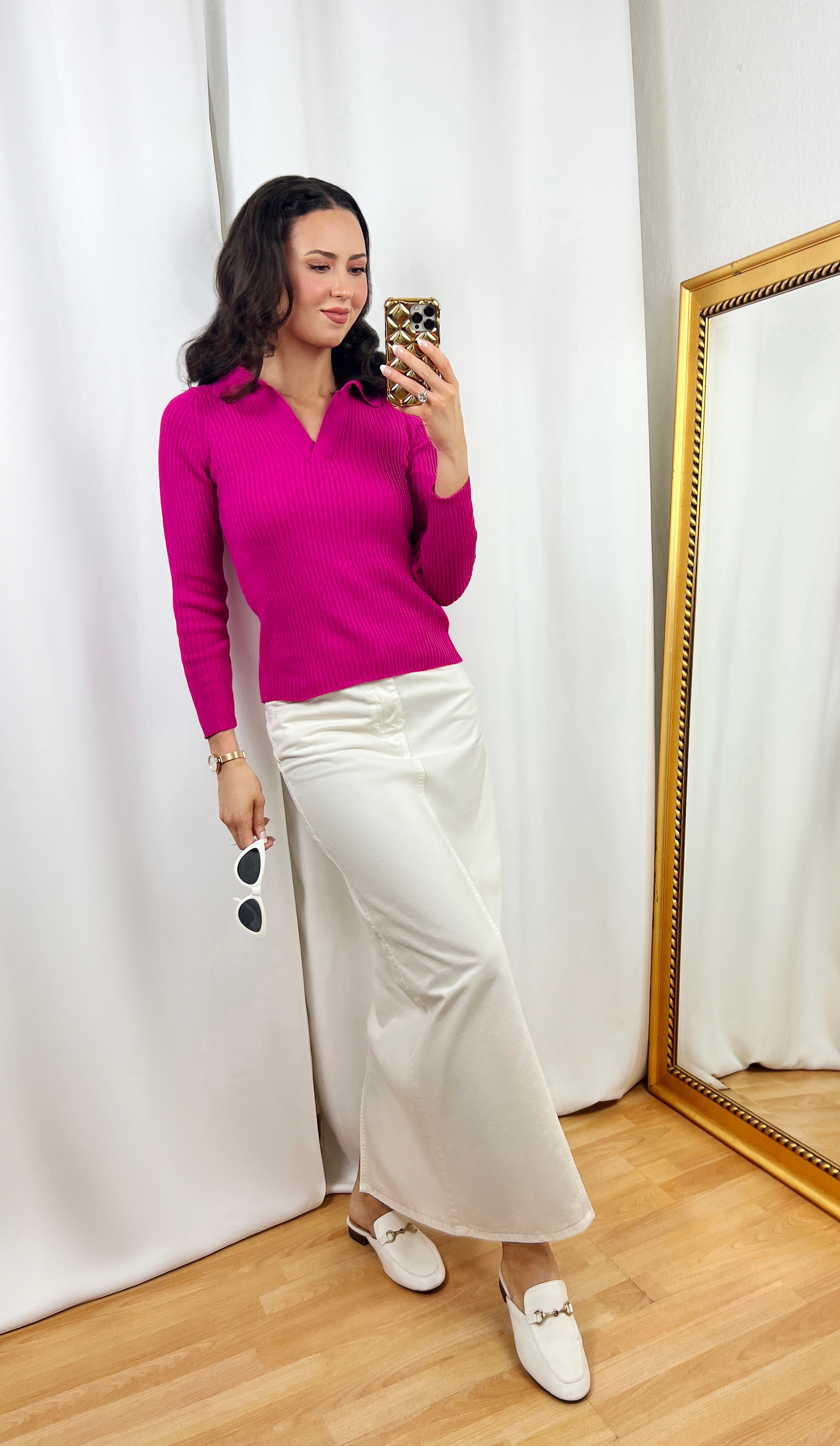 Magenta Shirt Outfit (with White Jeans Skirt)