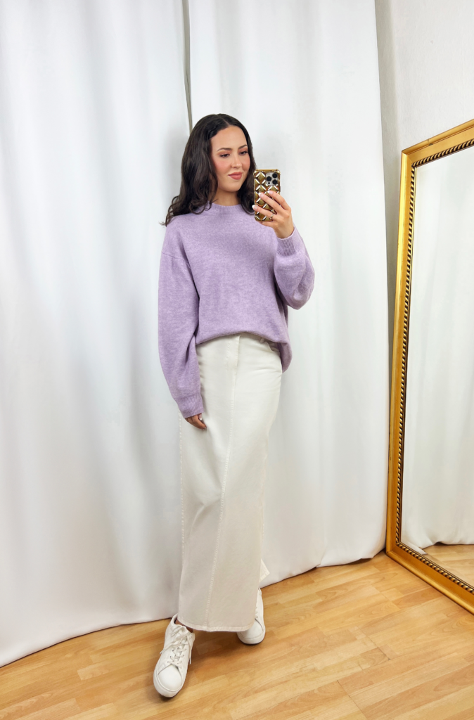 Purple Sweater Outfit with White Maxi Skirt – IN AN ELEGANT FASHION